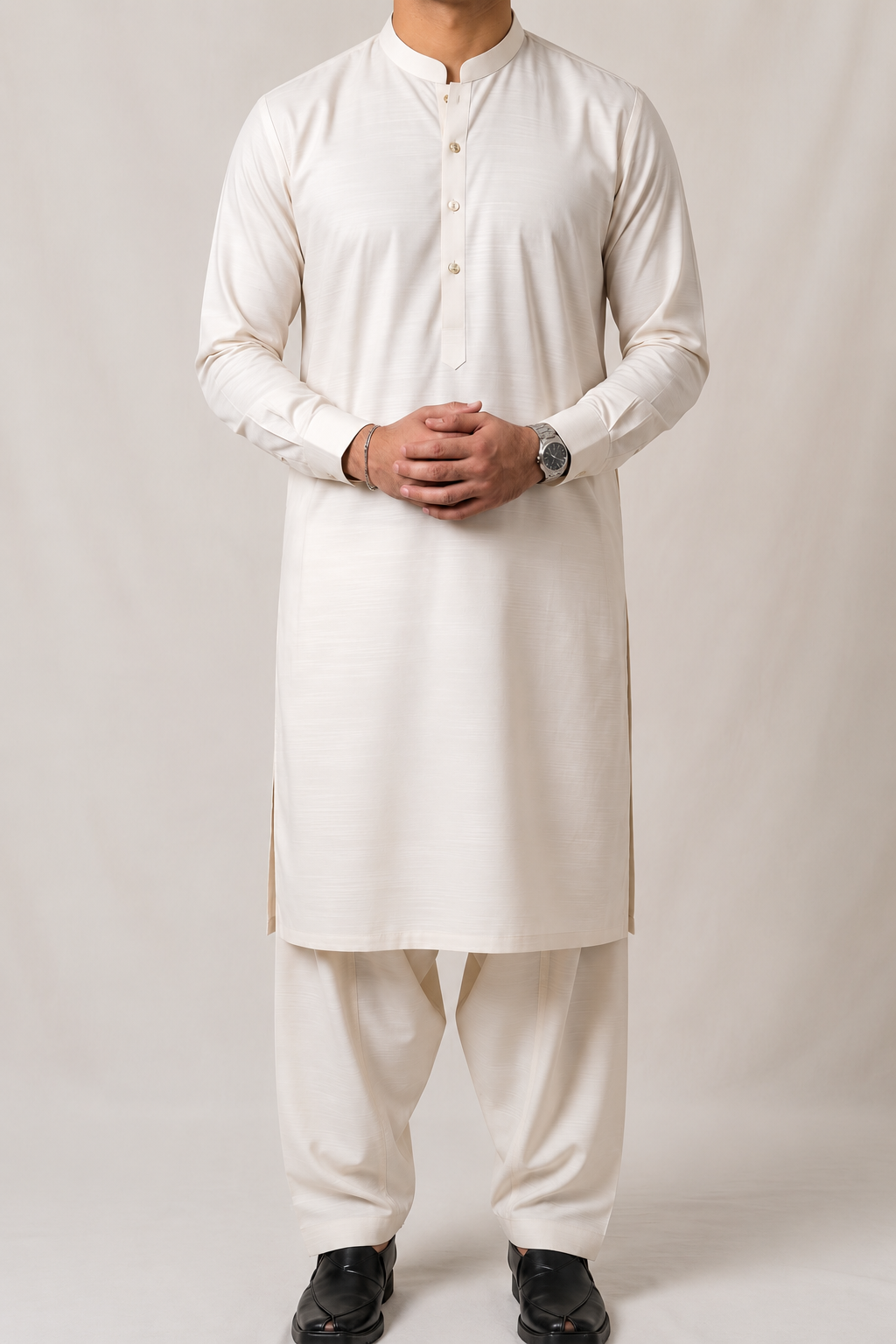 Classic Off White Band Collar Kurta Shalwar